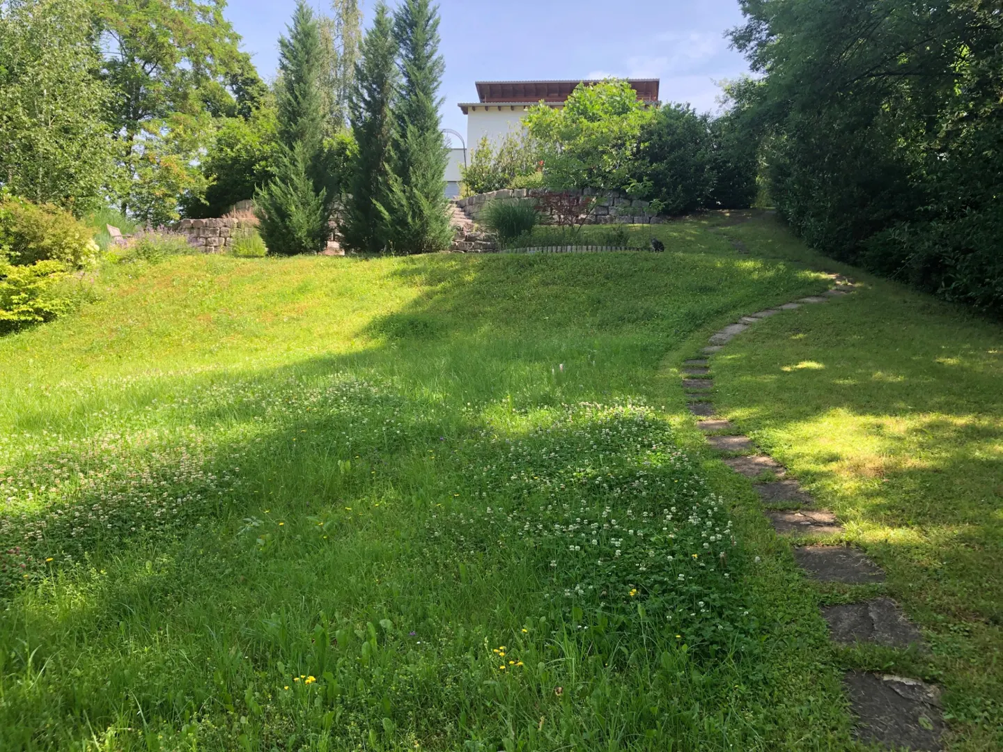 Lush green lawn with a stone path leading uphill to a house surrounded by trees on a sunny day.