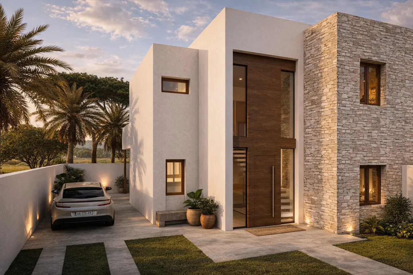 Modern two-story home with white stucco and stone facade, a wood front door, and a car parked in the driveway.