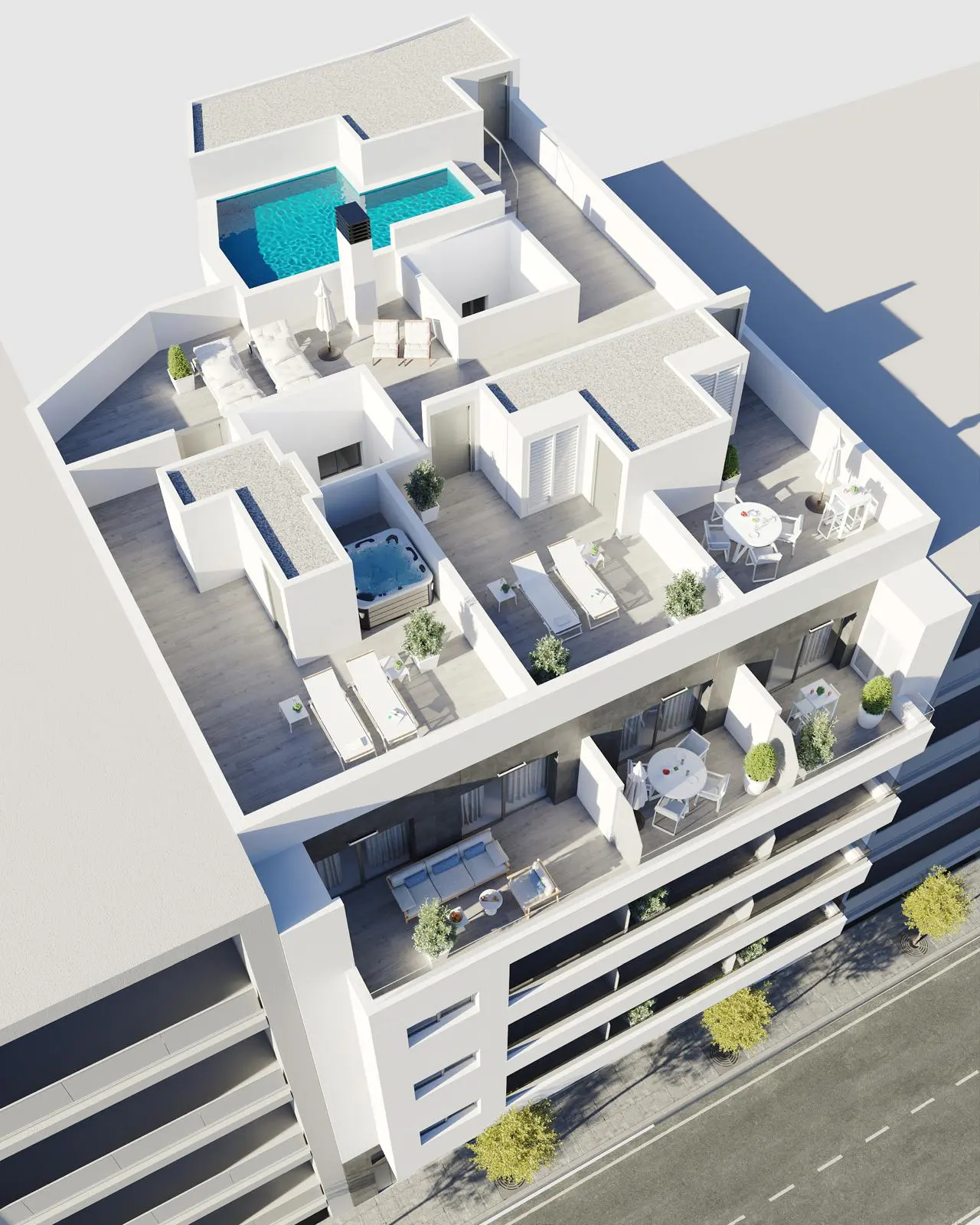 Aerial view of a modern white building with rooftop terraces, pools, and lounge areas.