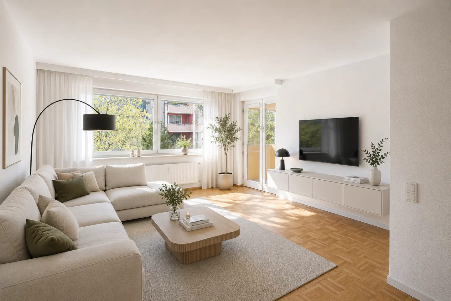 Bright living room with a white sectional sofa, wood floors, and a large window with sheer curtains. A black floor lamp arches over the sofa.