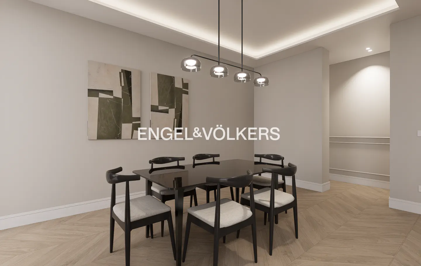 Modern dining room with a dark table, six chairs with white cushions, abstract wall art, and a linear pendant light.