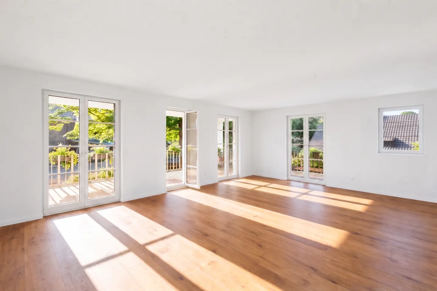 Bright, empty room with white walls, wood floors, and three sets of glass doors leading to balconies. Sunlight streams in.
