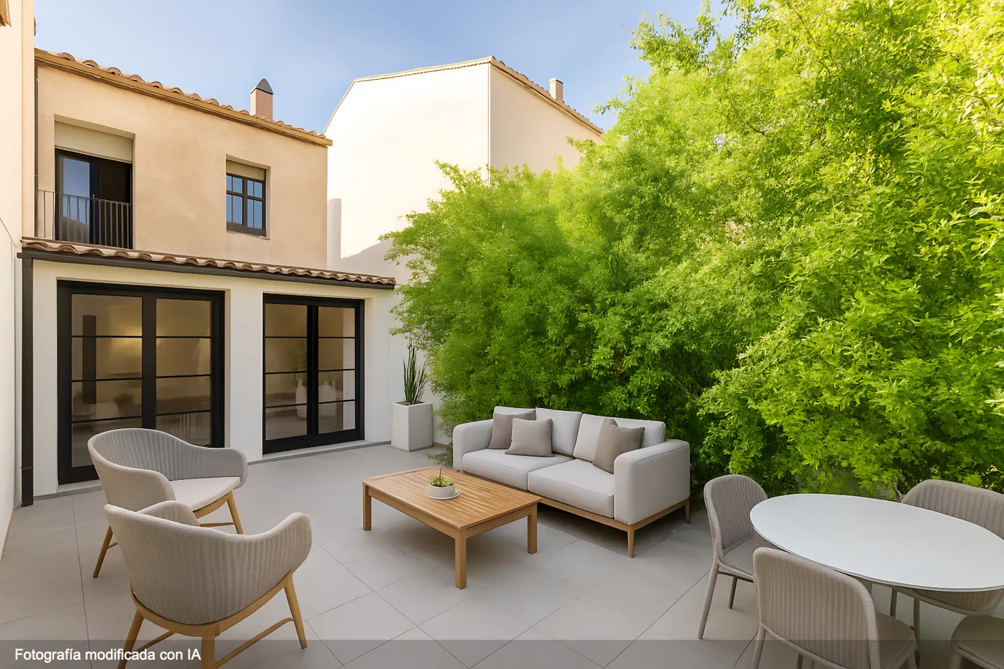 Outdoor patio with a light gray sofa, wooden table, and four chairs. Lush green bamboo provides privacy. Building with black framed windows in the background.