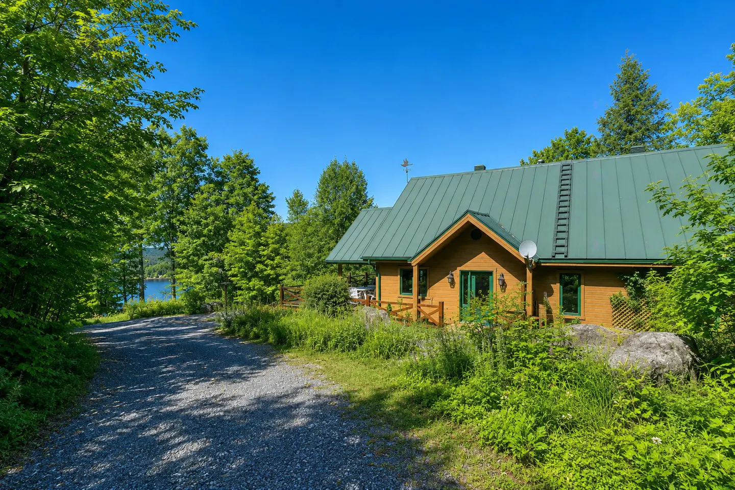 Exterior view of a tan cabin with a green roof, surrounded by lush greenery and a gravel driveway under a clear blue sky.