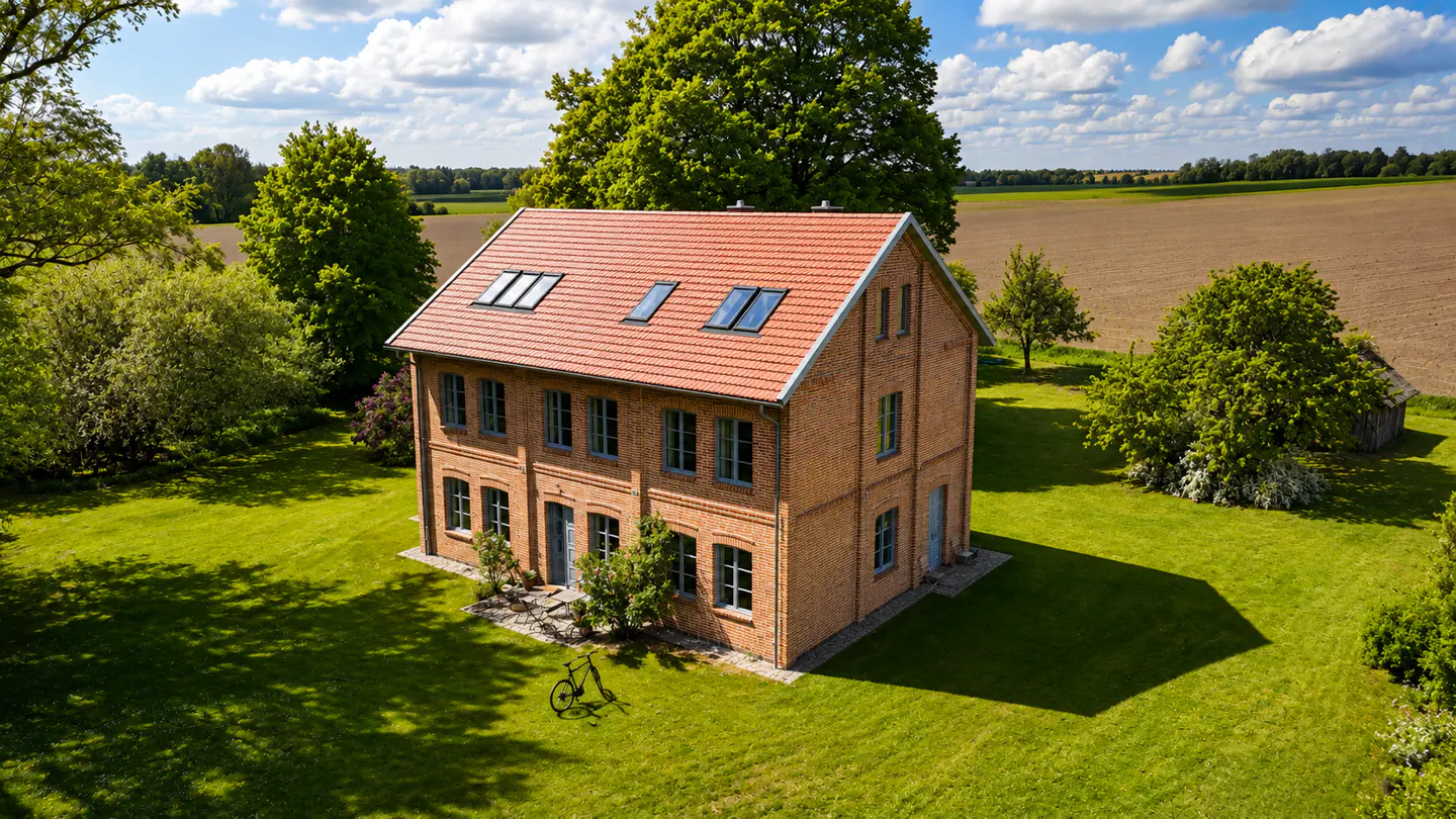 Aerial view of a two-story brick house with a red tile roof, set in a green lawn surrounded by trees and open fields.