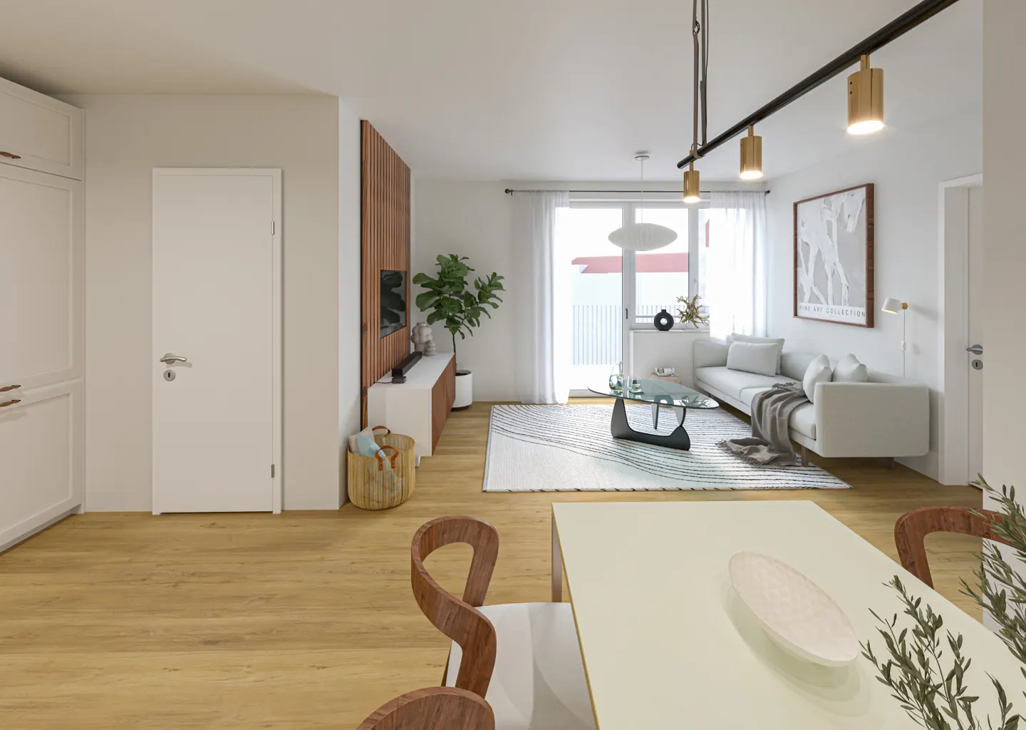 Bright living room with wood floors, white sofa, glass table, and dining table with wood chairs. A large window lets in natural light.