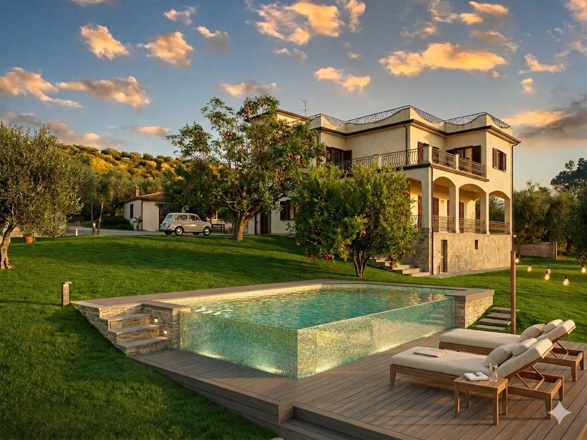 A luxury villa with a glass-walled pool, wooden deck, lounge chairs, and a vintage car on a lawn at sunset.
