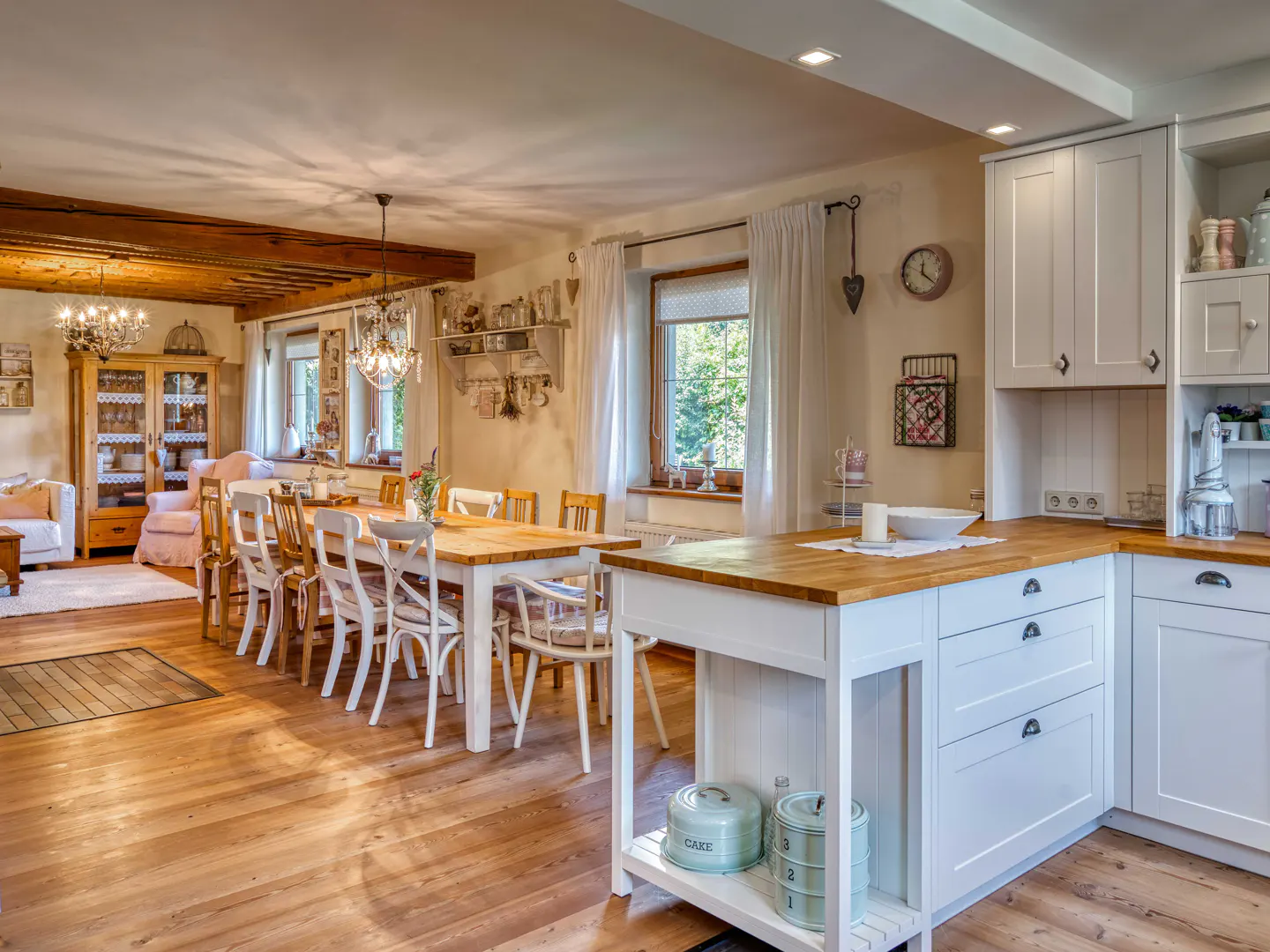 Open kitchen with large dining table