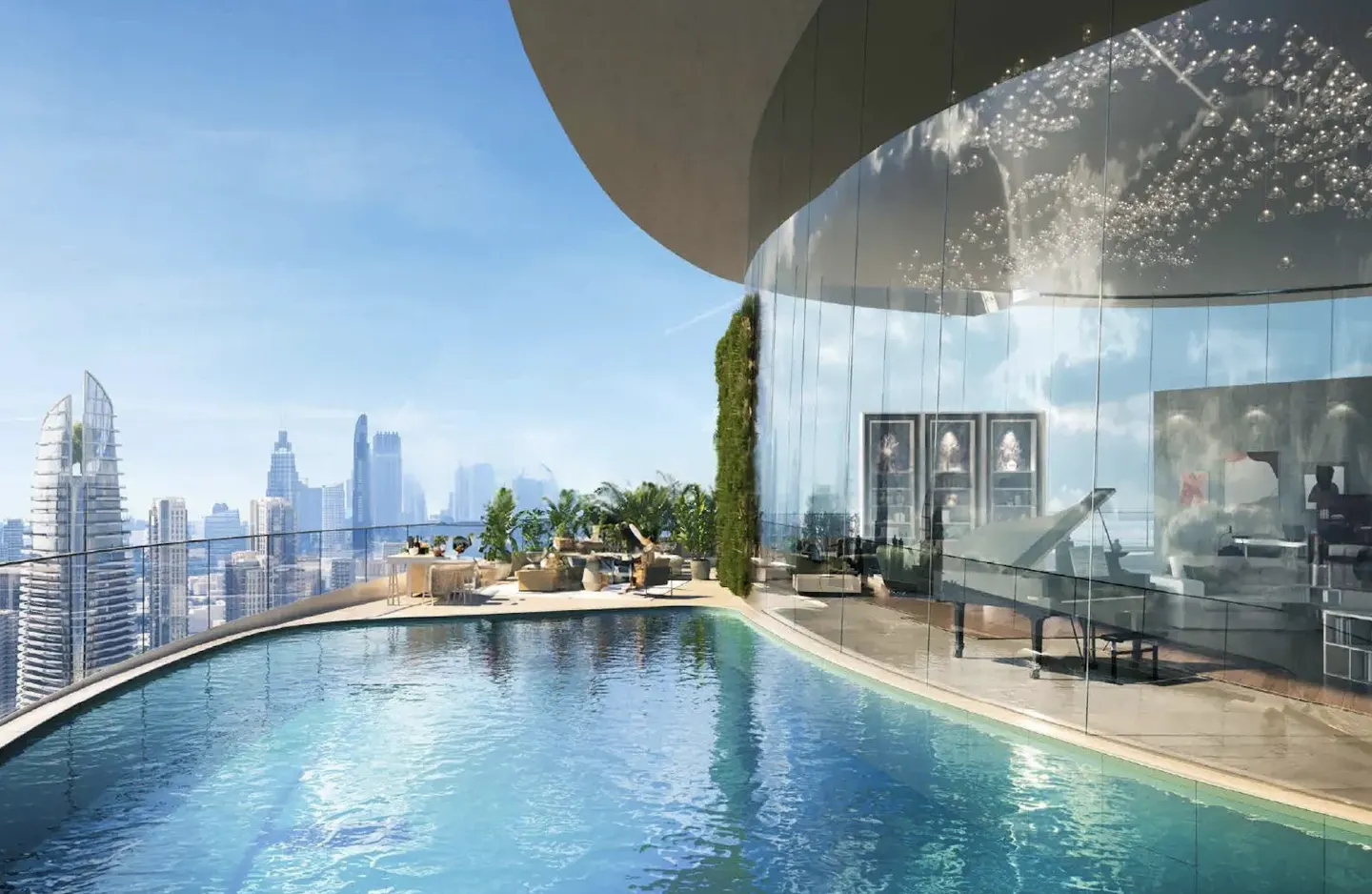 Rooftop view of a blue pool, dining area, and glass-walled living room with a piano, overlooking a city skyline under a bright blue sky.