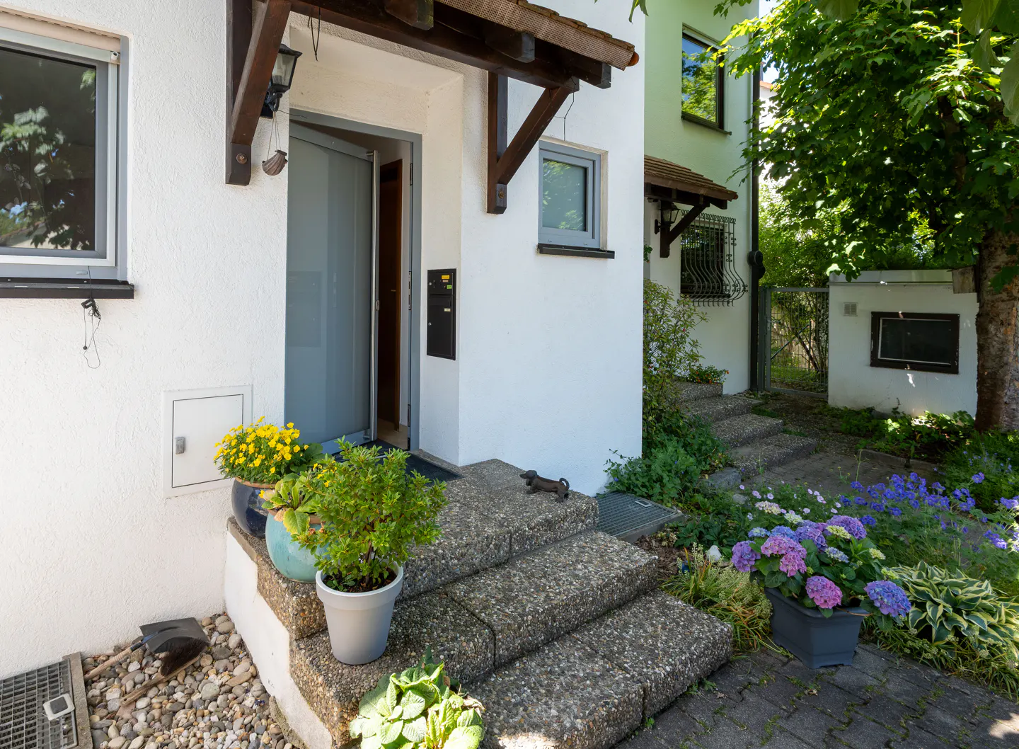 White house entrance with stone steps, potted plants, a small dachshund statue, and a garden with purple hydrangeas.