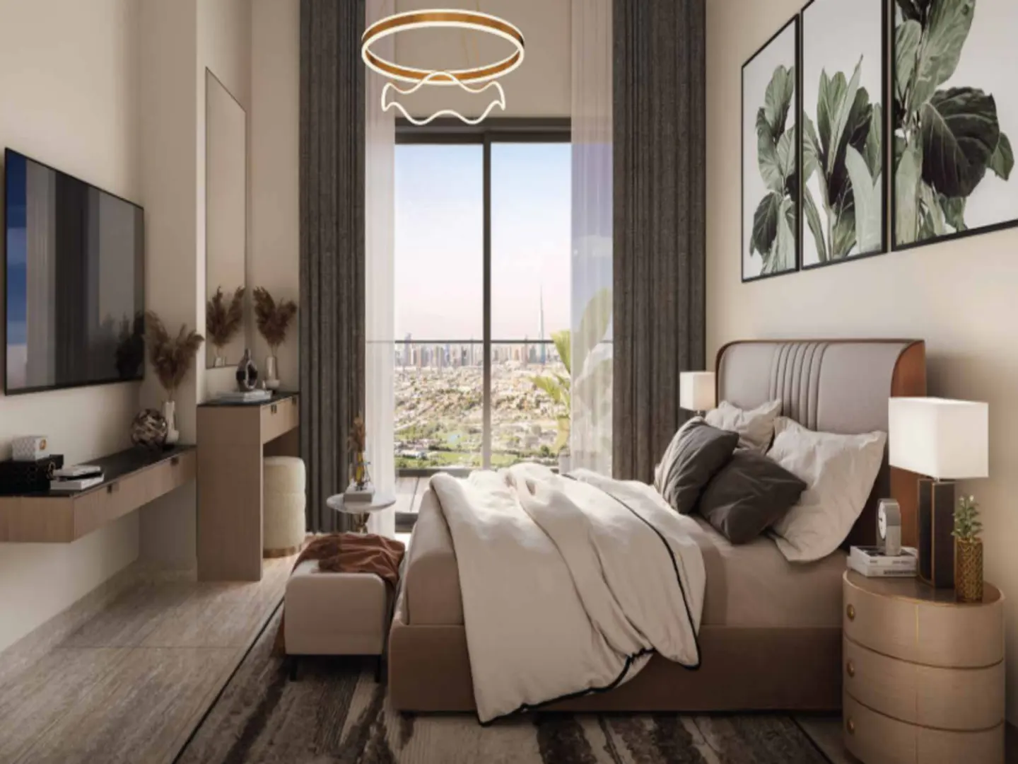 Bedroom with a bed, nightstand, TV, and a large window with a city view. The color scheme is neutral, with beige walls and gray curtains.