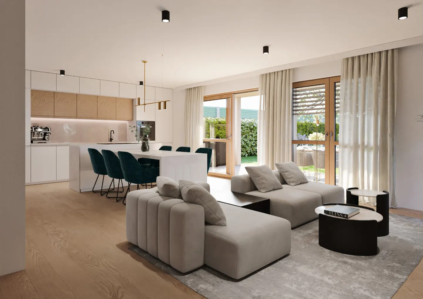 Open-concept living space with a gray sectional sofa, kitchen island with teal chairs, and light wood floors. Large windows with curtains let in natural light.