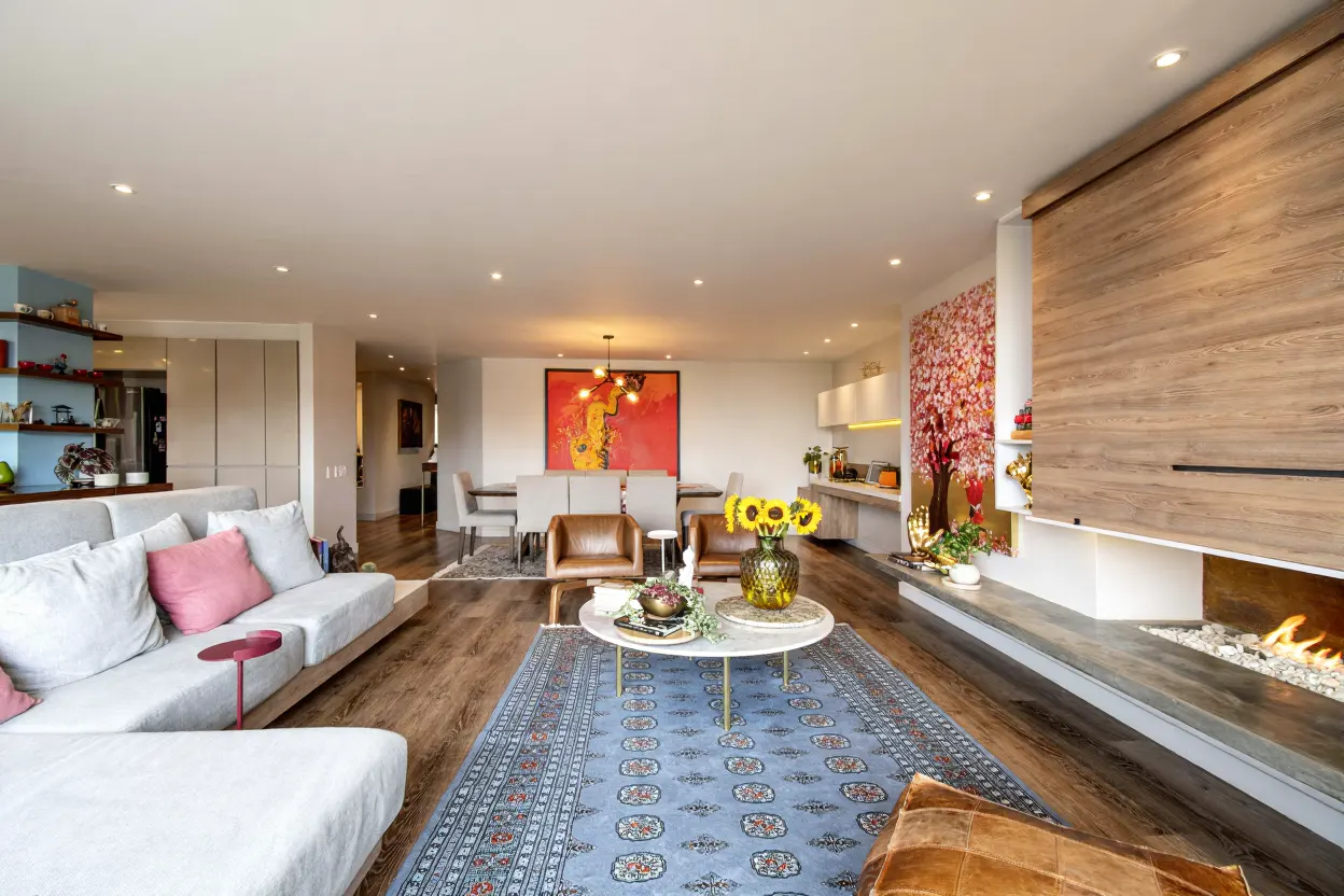 Wide shot of a modern living room with a fireplace, sofa, dining table, and blue rug. Sunflowers sit on a marble coffee table.