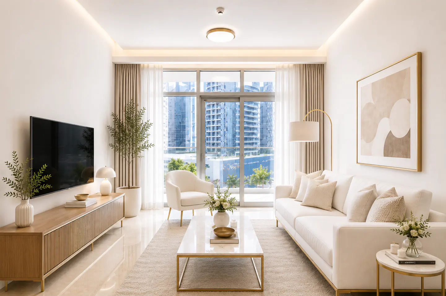 Bright living room with white sofa, chair, and marble coffee table. Large window shows city view. TV and wood cabinet on the left.