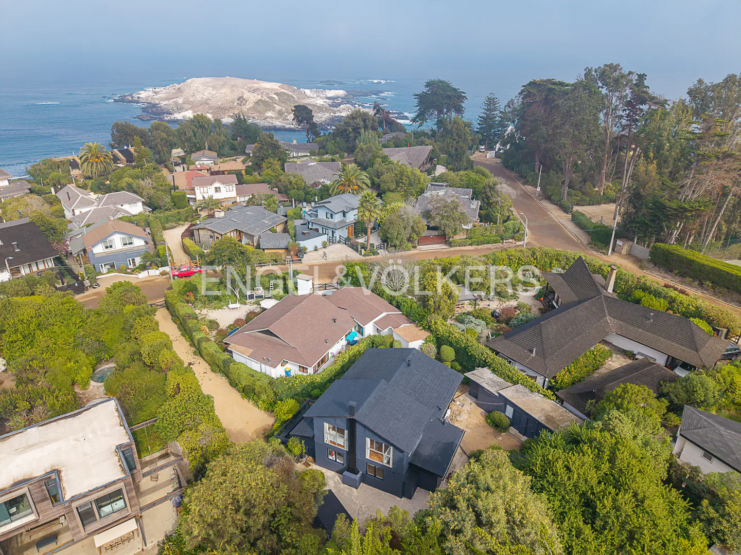 Aerial view of coastal homes with a dark blue house in the foreground, lush greenery, and ocean backdrop.