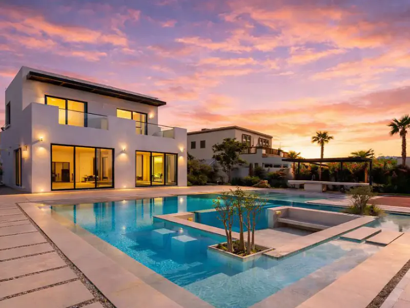 Luxury white home with a pool at sunset. Palm trees and another house are in the background.