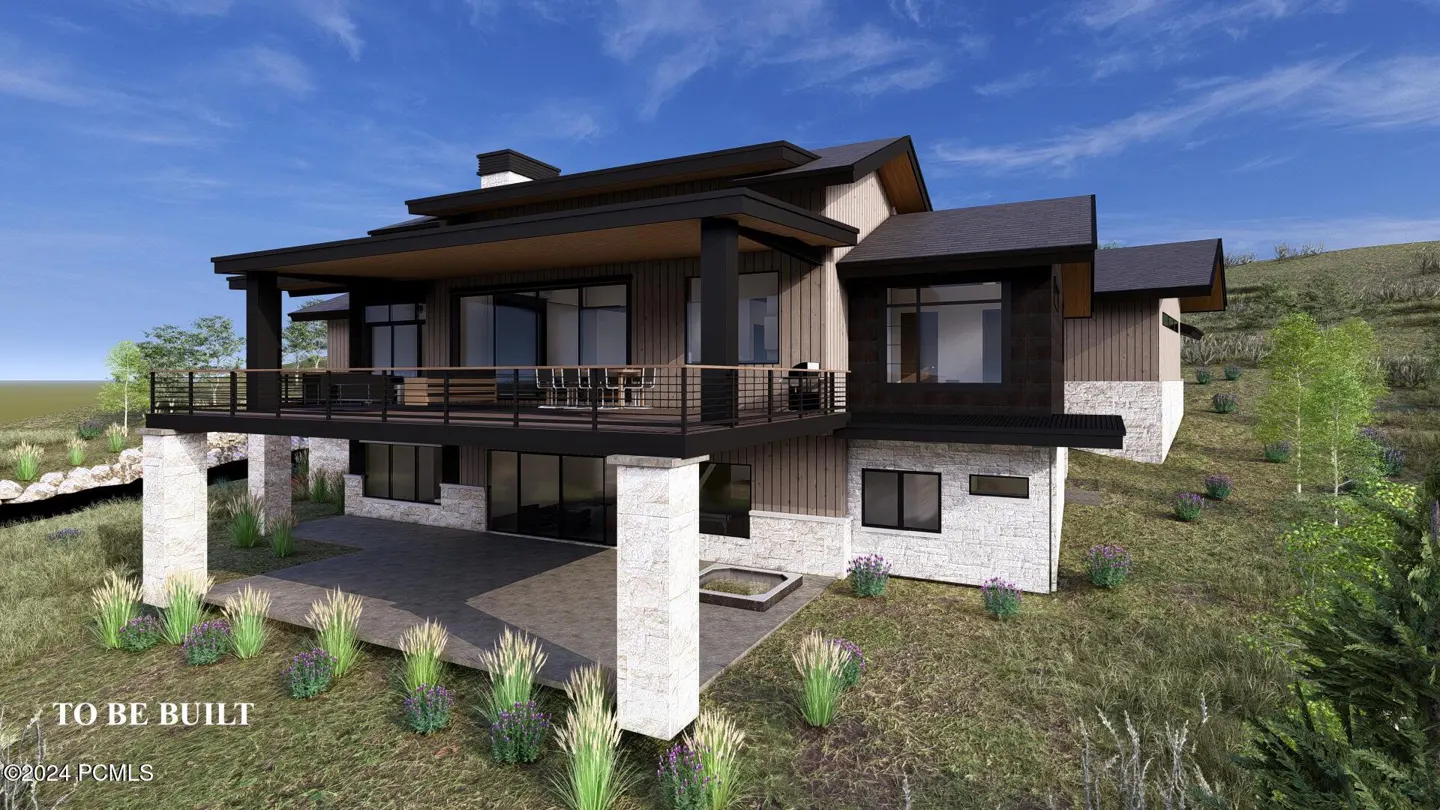 Rendering of a modern two-story house with a black roof, brown siding, and stone accents on a grassy hill. A black balcony overlooks a patio. Blue sky.