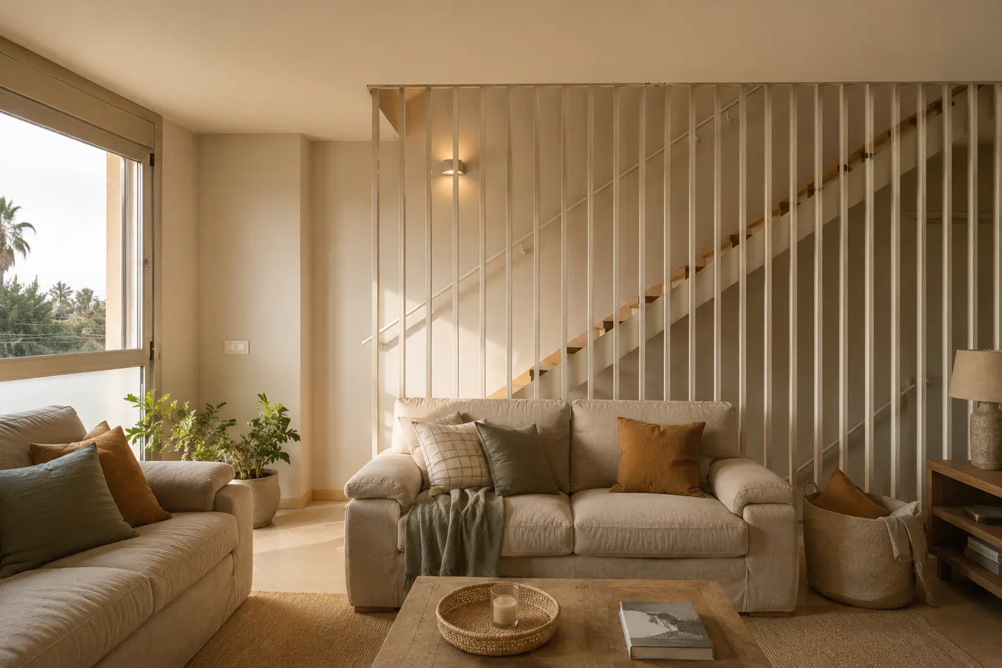 Beige living room with two sofas, pillows, a wooden coffee table, and a staircase with white railings in the background.