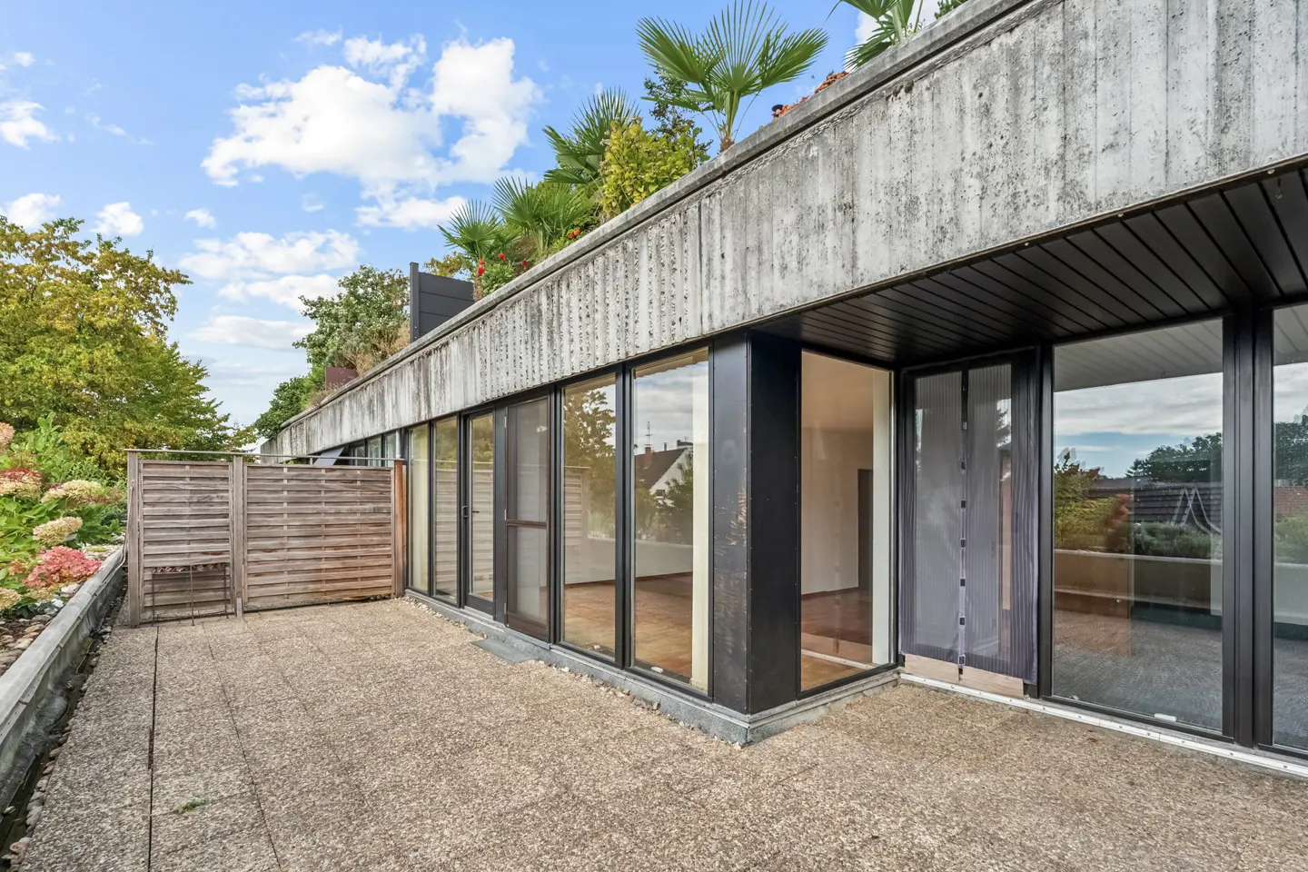 Exterior view of a modern home with a concrete patio, large windows, and a wooden fence. Green trees and blue sky in the background.