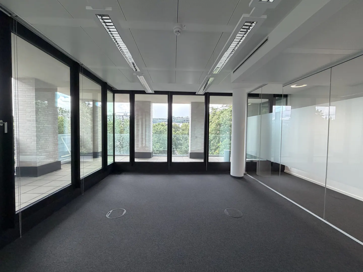 Empty office space with black carpet, white walls and ceiling, and large windows with a view of trees.