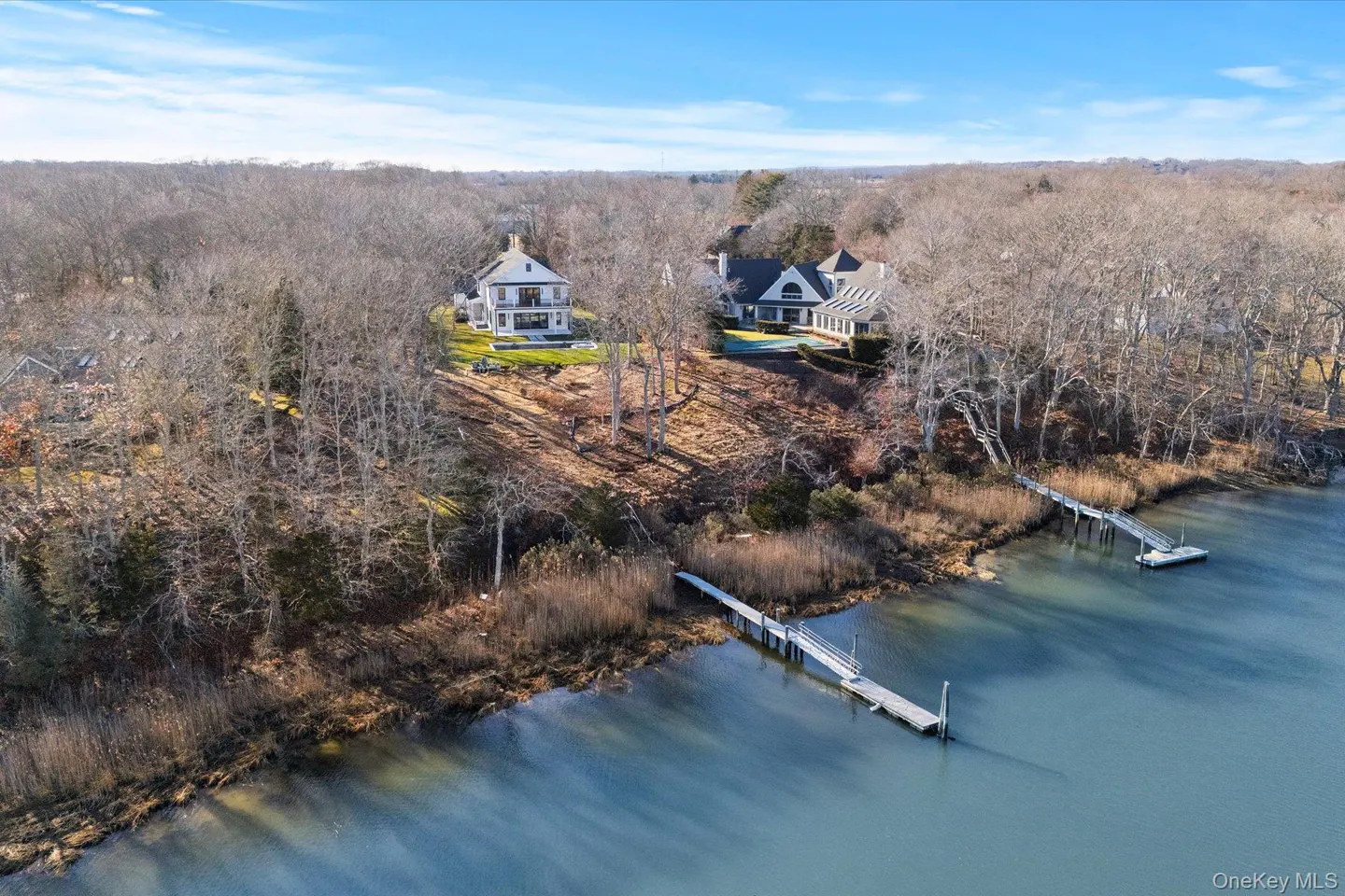 Aerial view of two waterfront homes with docks on a blue bay, surrounded by bare trees under a clear blue sky.