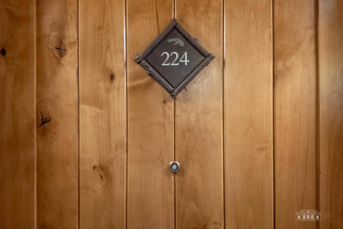 Wooden door with a diamond-shaped sign reading "224" with braille, and a peephole below.