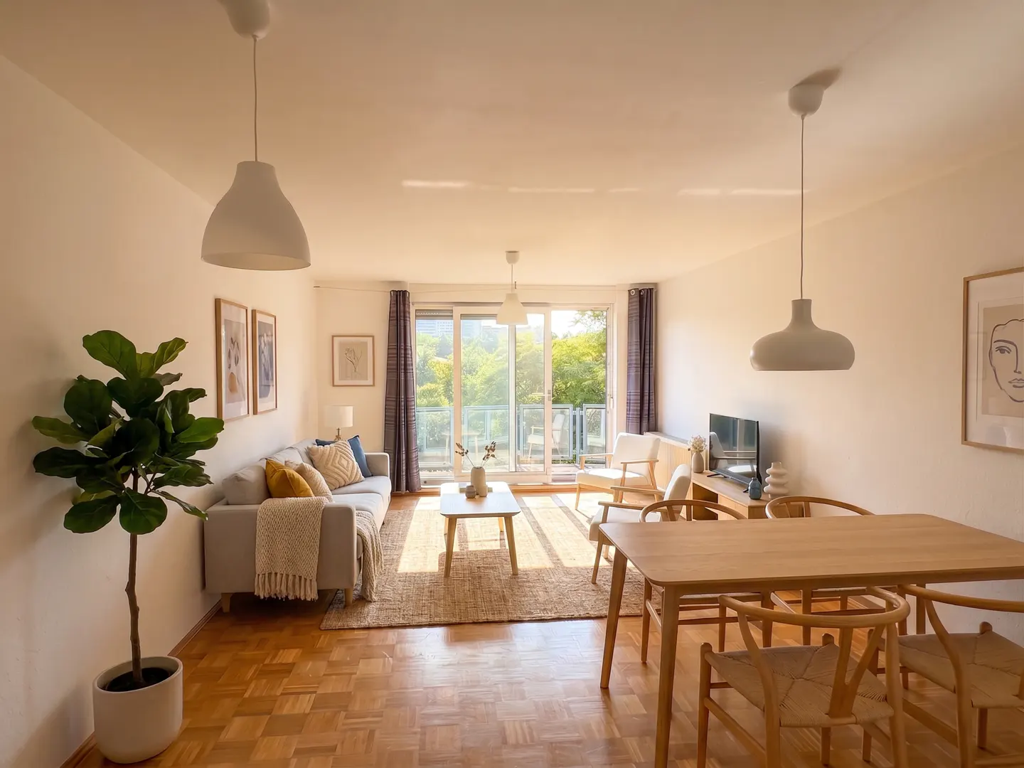 Bright, open-plan living and dining room with light wood floors, a grey sofa, wooden dining set, and balcony access.