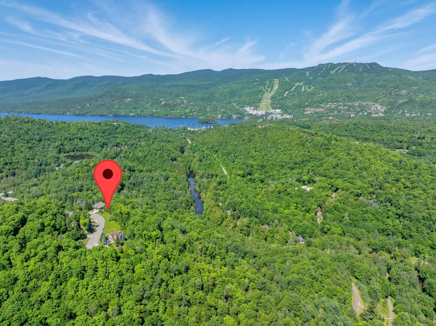 Aerial view of a house surrounded by green trees, with a red map pin on top. A lake and mountains are in the background.