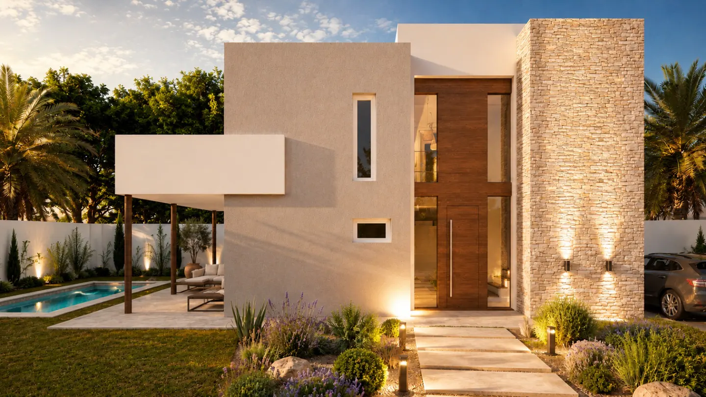 Modern two-story home with stone facade, wood front door, swimming pool, and landscaped garden at sunset.