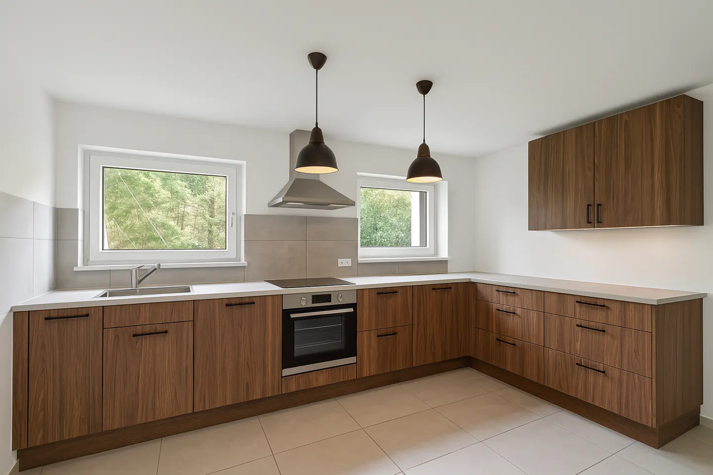 Bright kitchen with wood cabinets, white countertops, and tile floor. Two windows overlook trees. Two pendant lights hang from the white ceiling.