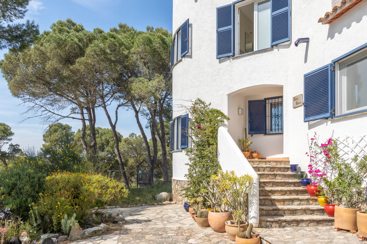 Exterior of a white house with blue shutters, stone steps, and colorful potted plants. Trees and blue sky in the background.