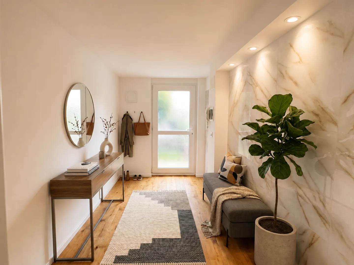 Modern entryway with wood floors, a console table, round mirror, grey bench, potted plant, and marble-look accent wall.