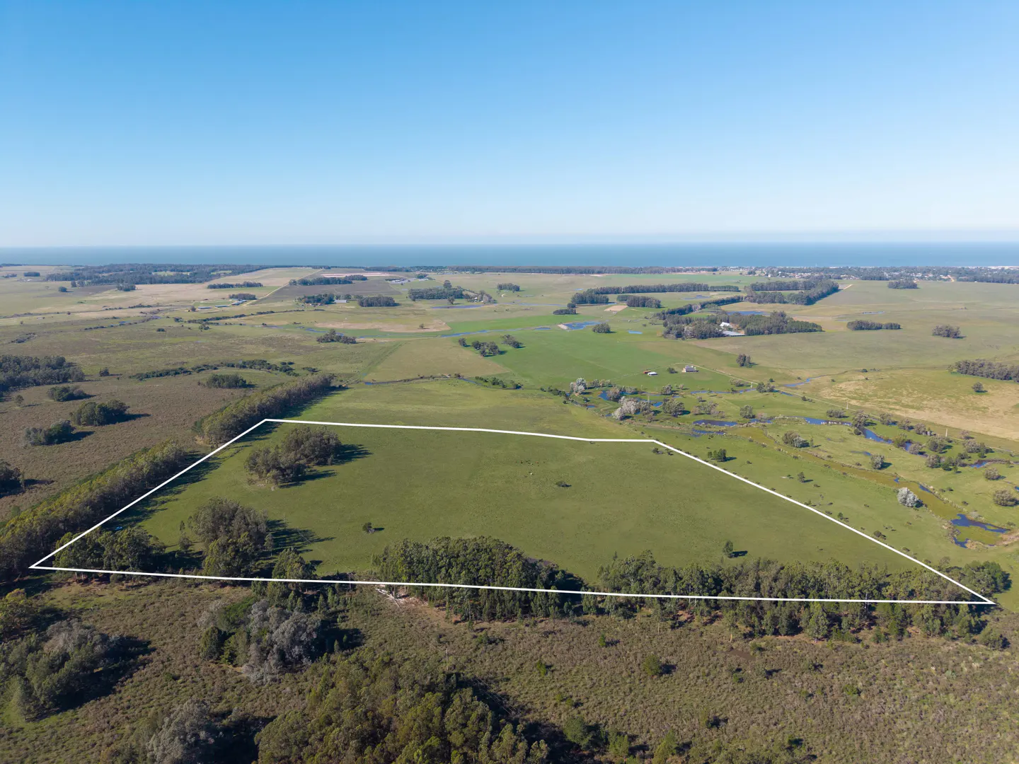 Aerial view of a large, green rectangular plot of land outlined in white, surrounded by trees and open countryside.