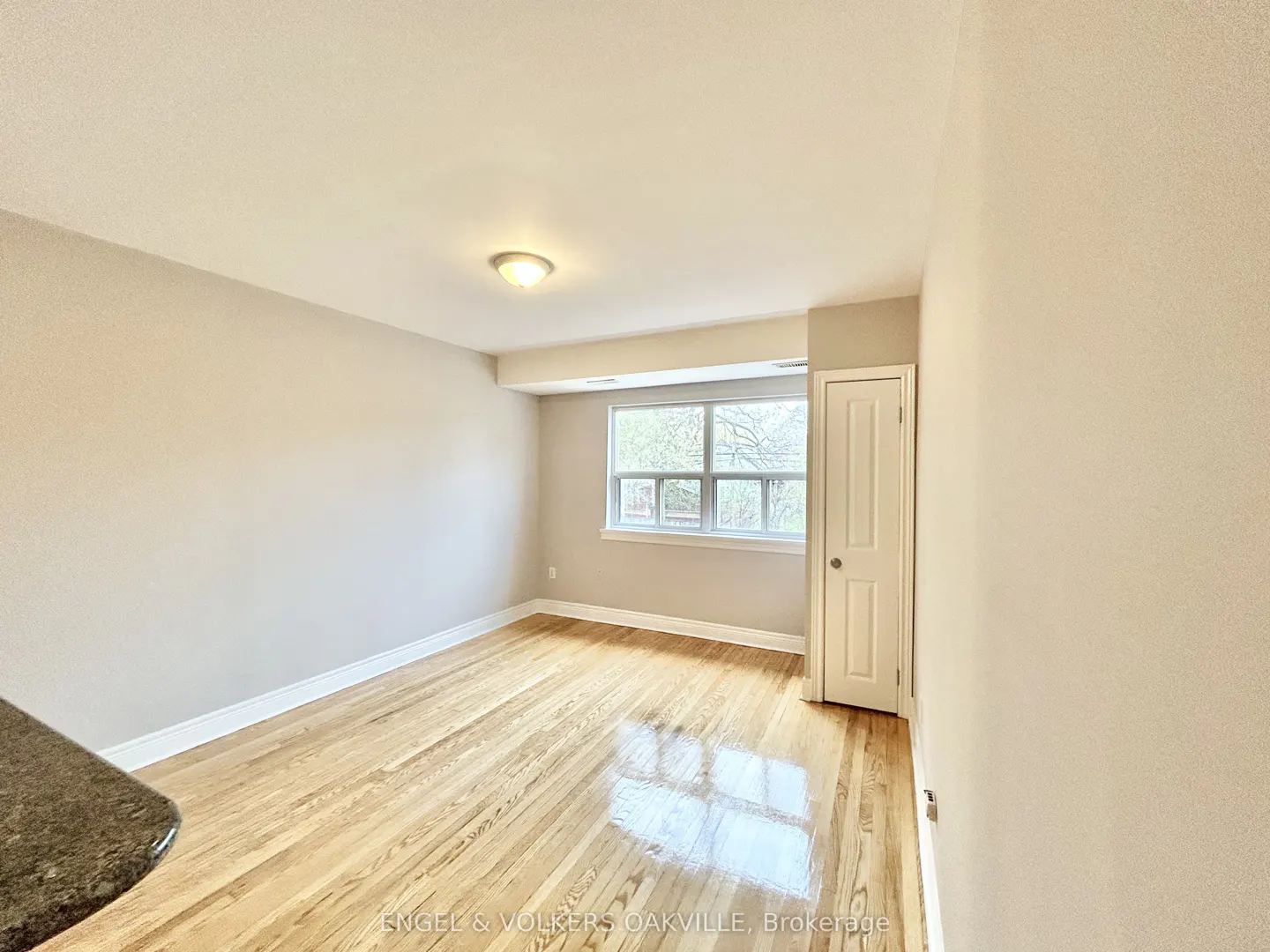 A bright, empty room with hardwood floors, beige walls, a window, and a white door.