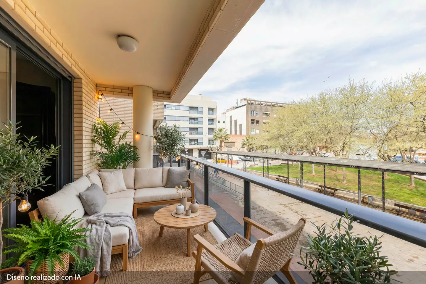 Balcony with a beige sectional sofa, wooden table, and chairs. String lights hang on the brick wall. A park is visible in the background.