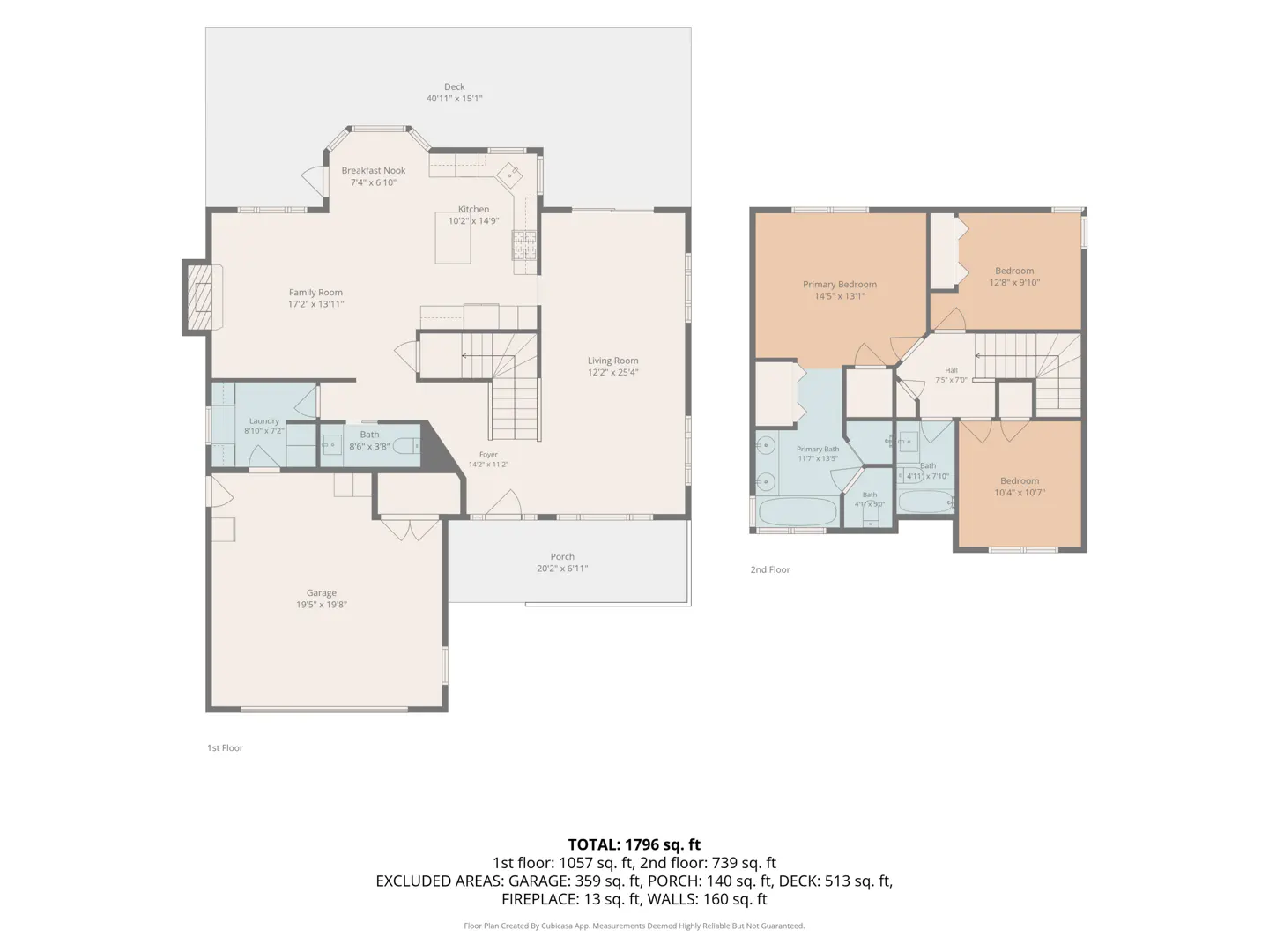 Two-story residential floor plan showing room layouts, dimensions, and a total area of 1,796 square feet.