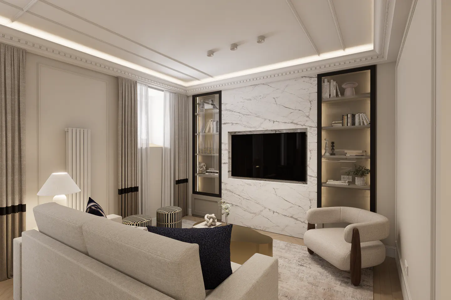 Modern living room with a white marble TV wall, built-in illuminated shelving, beige sofa, and a curved accent chair.