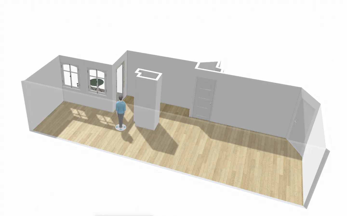 Isometric view of a room with wood floors, white walls, windows, a door, and a person.