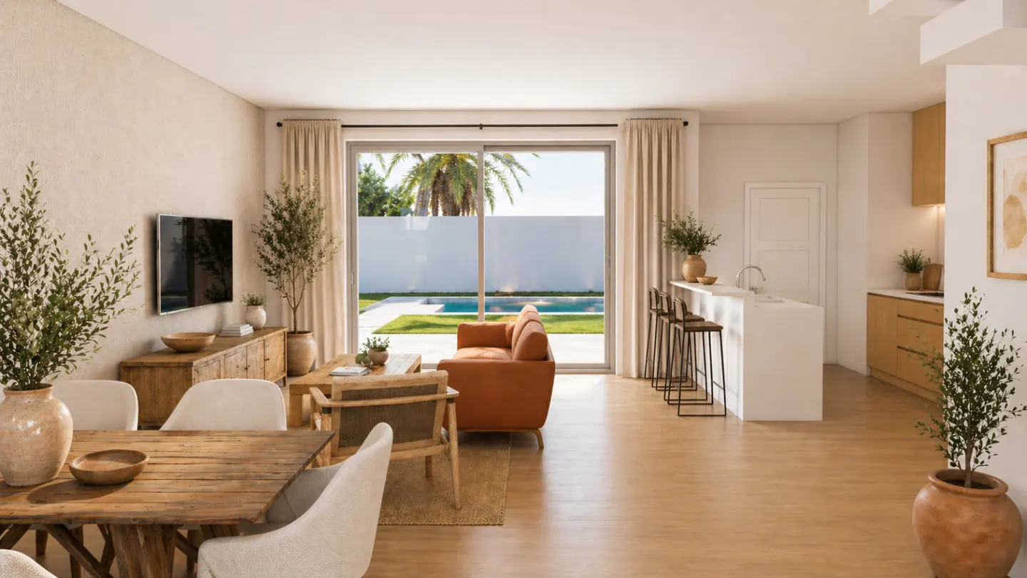 Bright, open-plan living space with wood floors, dining table, and a view of a pool through sliding glass doors.