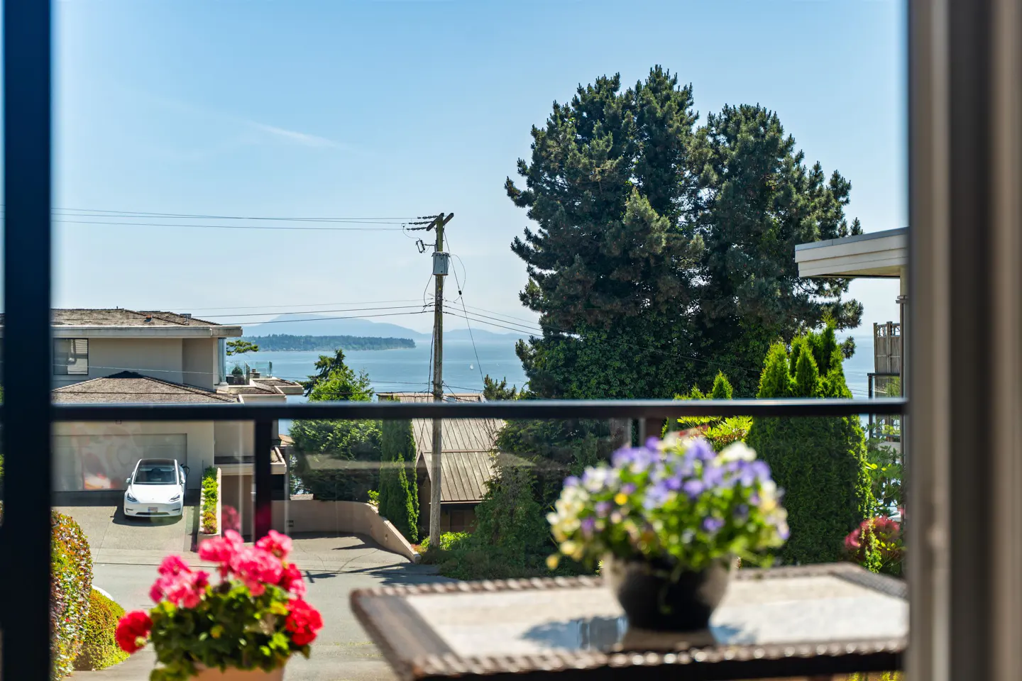 View from a balcony with flowers in pots, overlooking houses, trees, and the ocean under a blue sky.