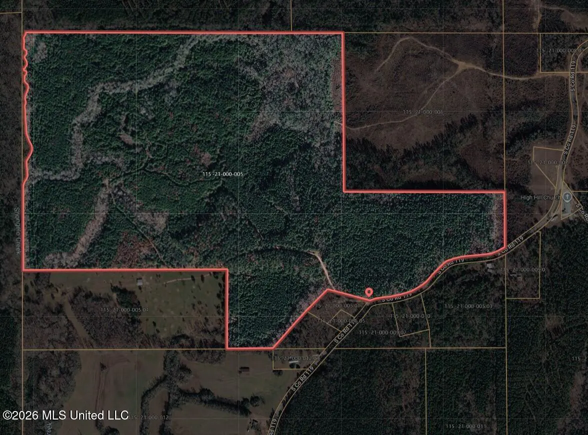 Aerial view of a large, rectangular plot of land outlined in red, mostly covered in dense green forest. Roads and other properties border the land.
