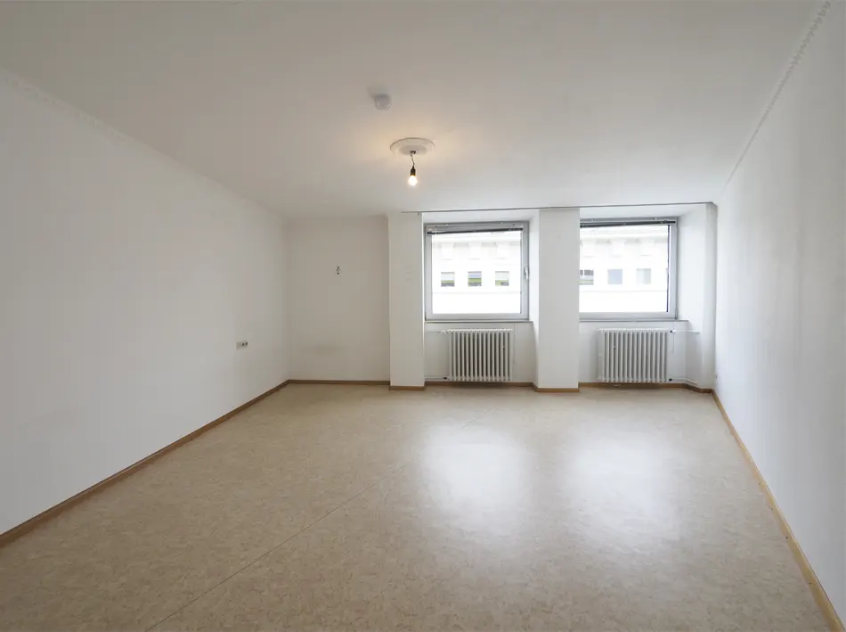 Empty, bright room with white walls, light-colored flooring, two windows with radiators, and a single ceiling light fixture.