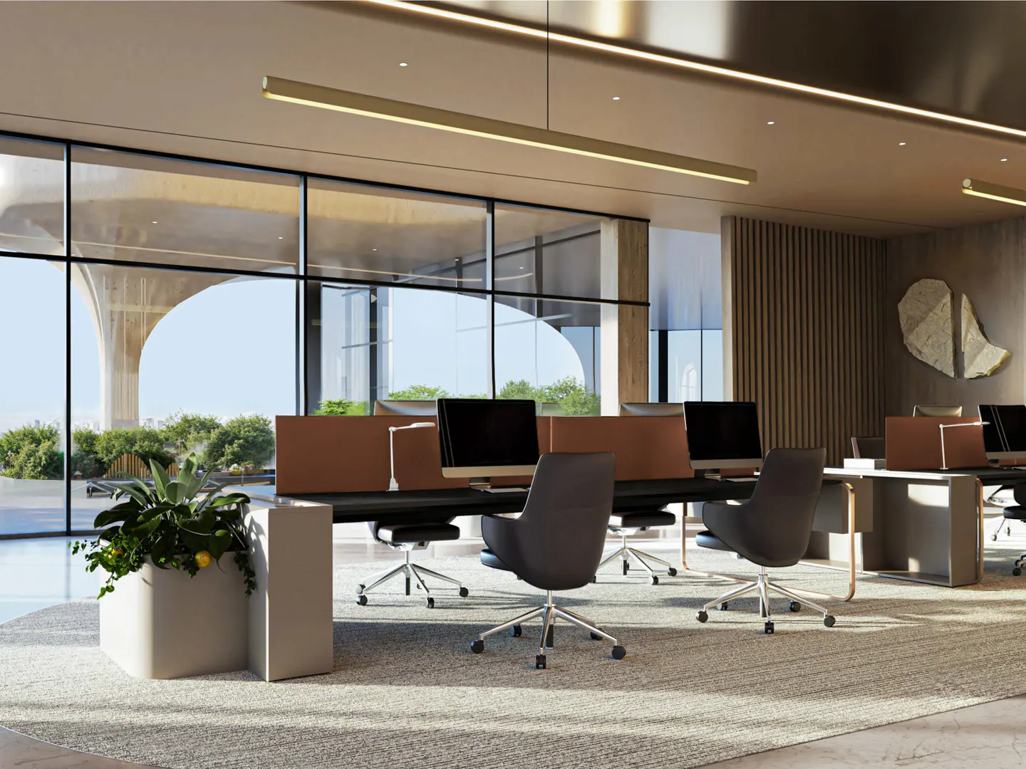 Modern office with sleek desks, ergonomic chairs, and computers, featuring floor-to-ceiling windows and a potted plant.