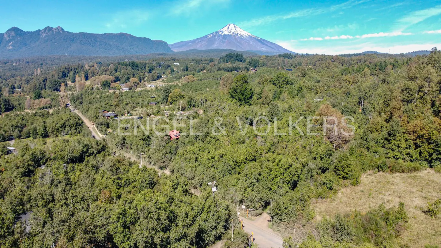 Aerial view of a lush green forest with a snow-capped volcano in the background under a blue sky.