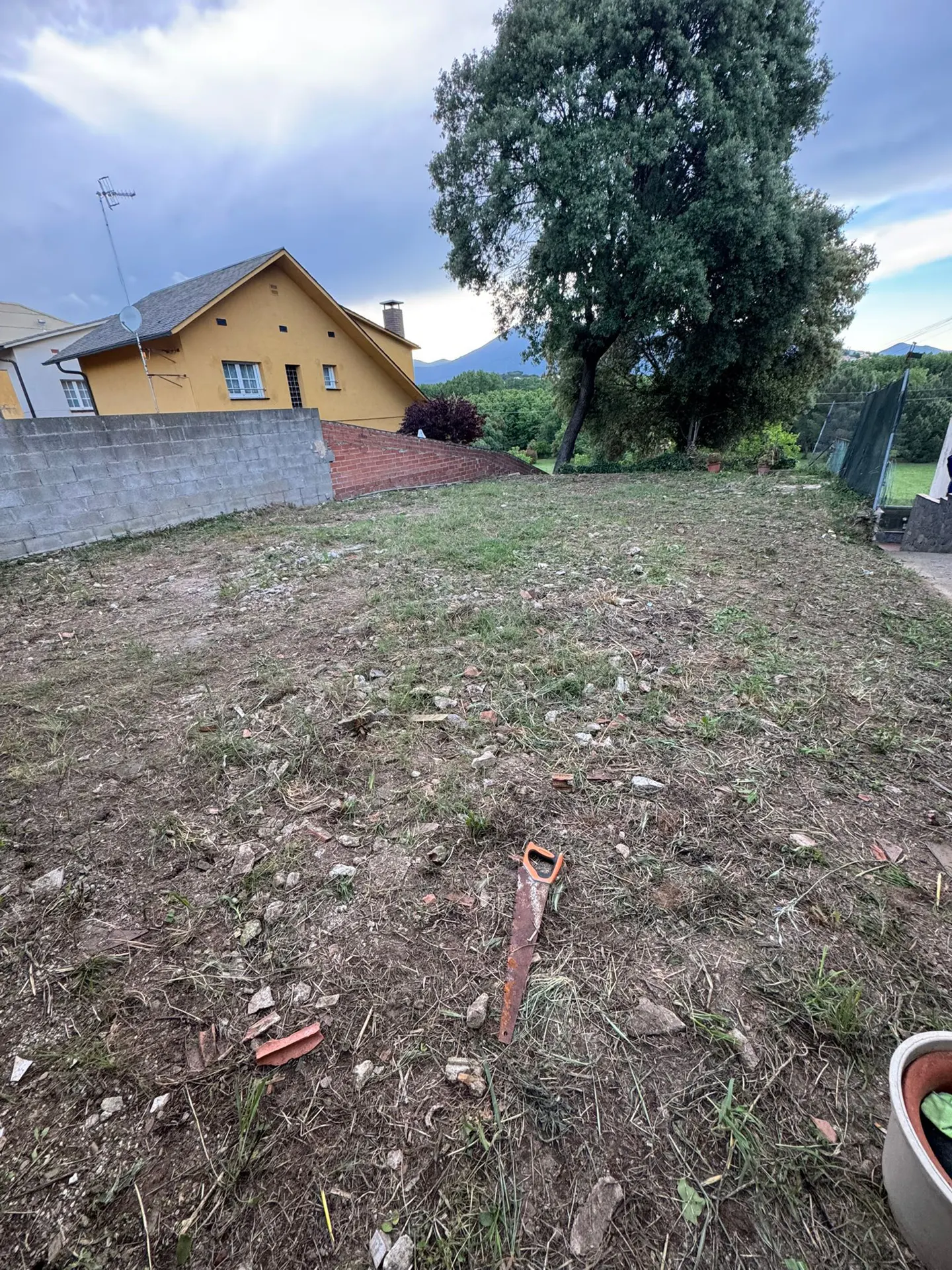 Vacant lot with grass, dirt, and debris. A rusty saw lies on the ground. A yellow house and large tree are in the background.