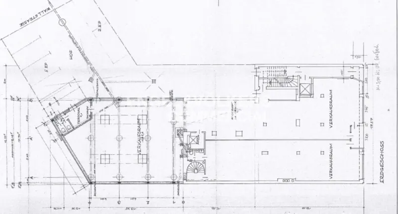 Blueprint of a commercial space, showing the floor plan with "Verkaufsraum" (sales room) and dimensions.