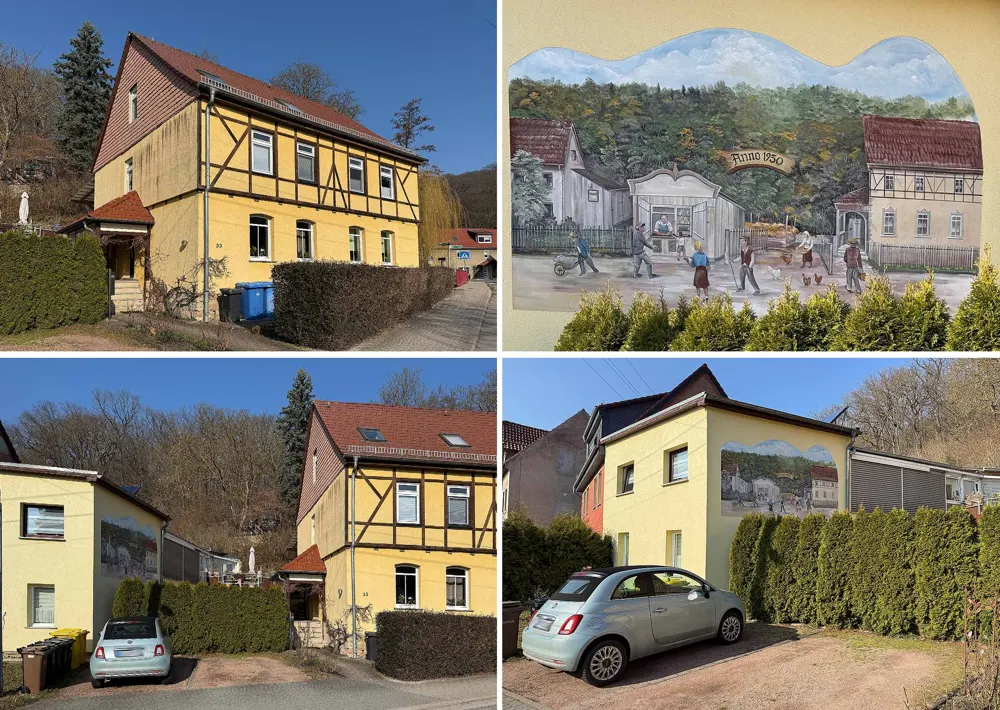 Four-panel image of a yellow, half-timbered house with a red roof and a mural of a village scene on the side. A light blue Fiat is parked nearby.