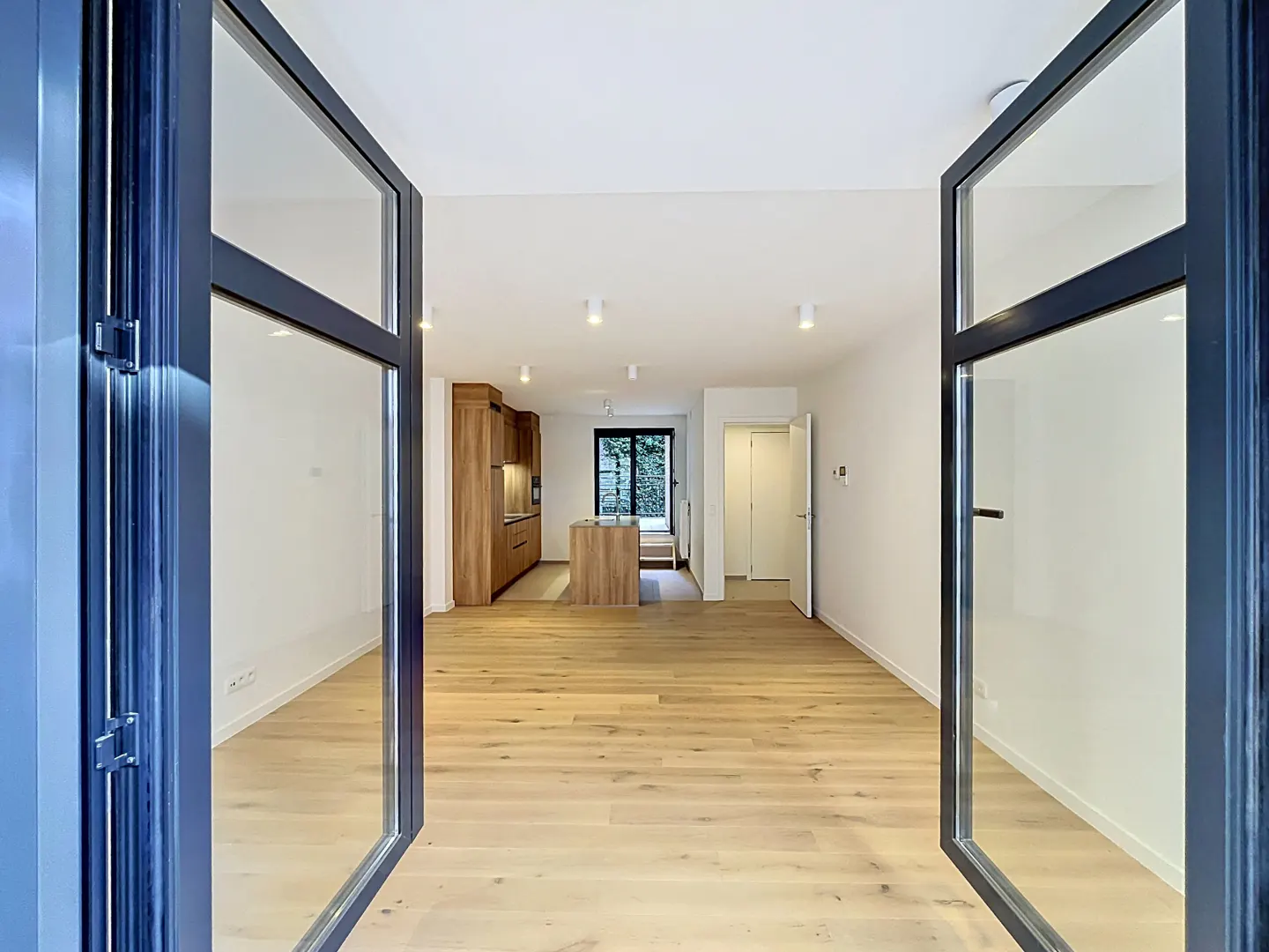 View through open black framed glass doors into a modern home with light wood floors, white walls, and a wood kitchen.