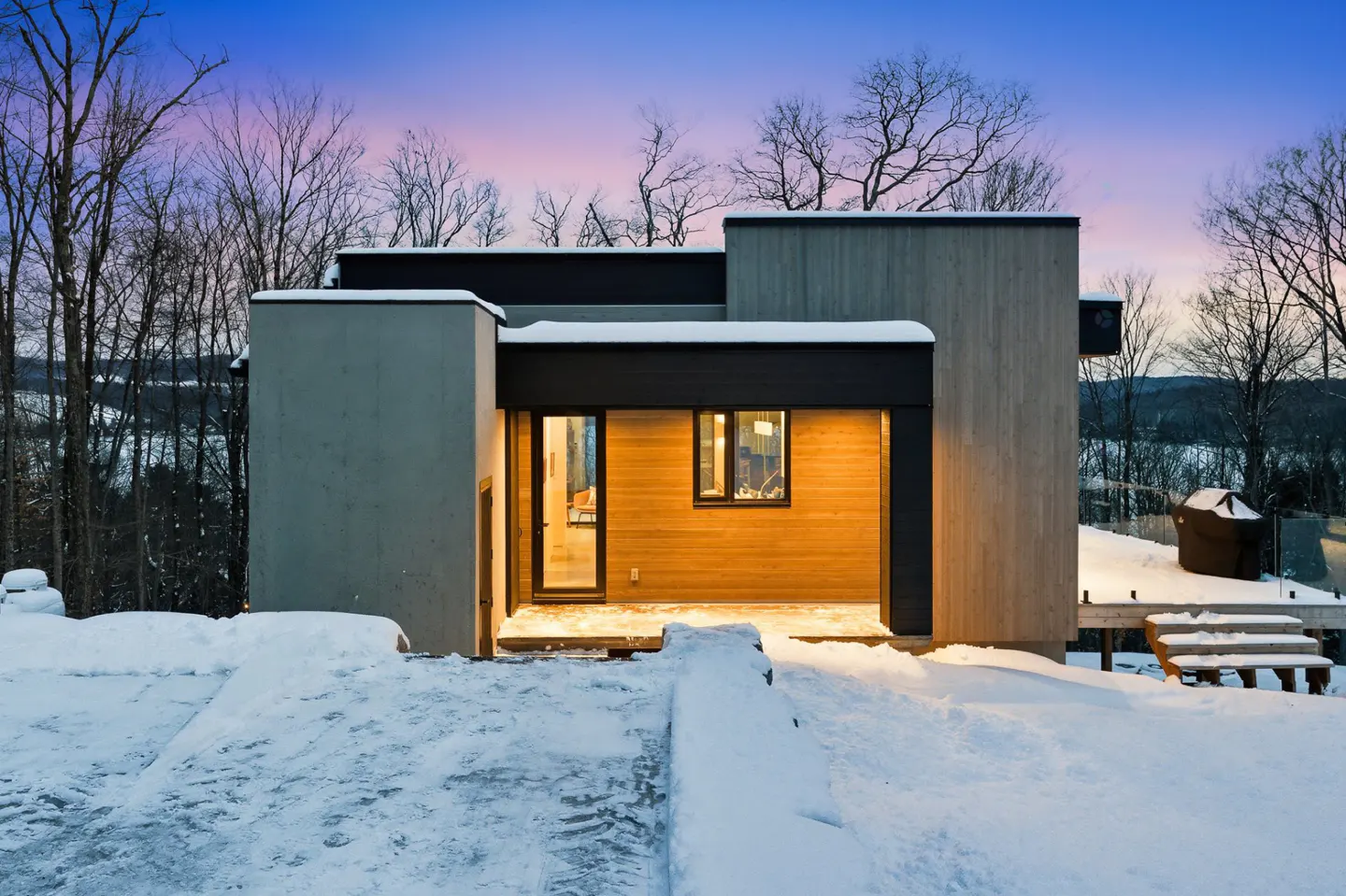 Modern home exterior in winter. Snow covers the ground leading to the entrance. The house has gray and wood paneling with black accents. Trees and a twilight sky are in the background.