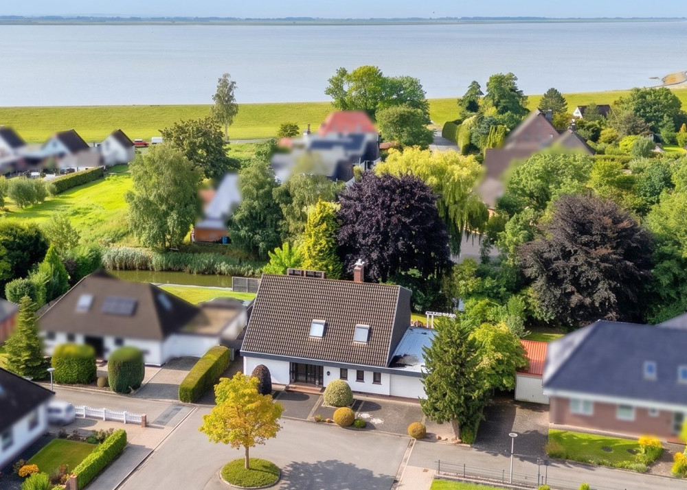 Aerial view of a white house with a dark roof in a lush neighborhood near a large body of water and a grassy dike. [AI-generated text] [AI-modified]
